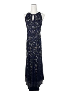Y2K Floral Beaded Pisarro Nights Midnight Blue Keyhole Neck Sleeveless Gown 10